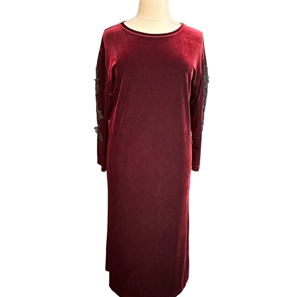 Beautiful stretchy Burgundy Velvet and Black Lace Formal Gown